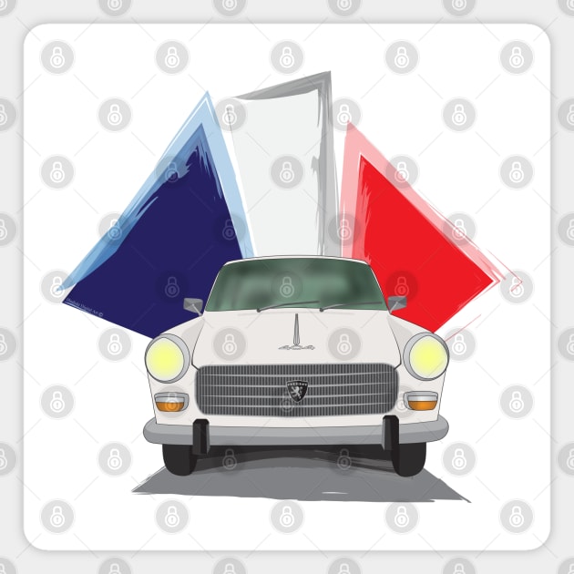 Illustration of a White Peugeot 404 with the French Flag Behind Magnet by ibadishi